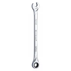 Alloy steel construction with a chrome finish. SAE 12-point ratcheting combination wrench with 11/32 in head size and 7 in overall length. Standard-length design without pass-through, flex head, or offset features. Used for tightening or loosening fasteners in maintenance, repair, and assembly tasks.