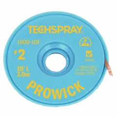 TECHSPRAY 1809-10F is a rosin flux desoldering braid in size #2, 0.055 inches wide and 10 feet long. It is yellow and ESD-safe, designed for removing solder from electronic assemblies during rework or repair. Suitable for use on circuit boards and fine-pitch components.