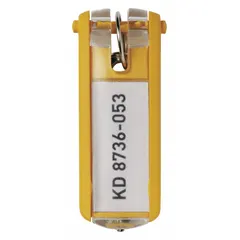Yellow plastic key tags with blank labels for custom identification. Rectangle shape, 2 5/8 in overall height. Includes inserts. Pack of 6. Suitable for organizing and labeling keys in facility, commercial, or industrial settings.