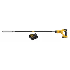 This cordless concrete vibrator kit operates on 20V DC and includes a 4.0 Ah battery and charger. It has a 4 ft length, 1-1/8 in diameter, and a 4 in radius. Used to consolidate freshly poured concrete, removing air pockets and ensuring uniform density in slabs, columns, and foundations.