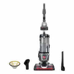 Corded upright vacuum with HEPA filtration and bagless operation. Delivers 100 cfm air flow through a 12-inch cleaning path. Includes a turbo tool and onboard hose. Weighs 16.8 lb with a 1-position head height adjustment. Suitable for routine floor cleaning in commercial and industrial settings.
