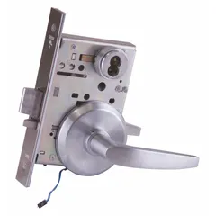 This storeroom lever lockset features a satin chromium-plated stainless steel finish and an ADA-compliant lever. It is designed for interior doors requiring keyed entry from outside and free egress from inside, with an interchangeable core for simplified rekeying. The lockset has a 40H Rose style and is not ligature-resistant, with no visual indicator message.