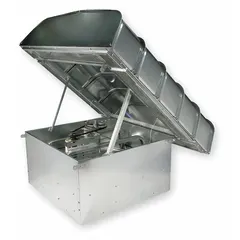 Belt-drive roof exhaust fan for clean air applications in factories. Unassembled unit includes drive package, 24 in blade, and open dripproof motor. Delivers 5,064 cfm at 0.000 in SP with 115/208-230V AC single-speed operation. Square base for roof mounting.