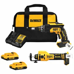 This 20 V DC kit includes a cut-out tool and a screw gun, both powered by the 20V MAX* XR® battery platform. The cut-out tool is used for making precise openings in drywall, while the screw gun is designed for driving drywall screws. Suitable for drywall installation and finish carpentry tasks.