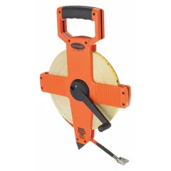 Manual open-reel long tape measure with a 200 ft / 60 m fiberglass blade, 2 mm thick, double-sided with inch/metric markings. Features a nonmagnetic double hook end and a plastic case. Suitable for measuring long distances in construction, surveying, and industrial layout.