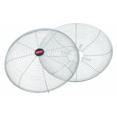 This guard set includes one front and one rear section made of steel with a powder-coated gray finish. It is designed for use with industrial fans and ceiling fans to provide protection around rotating blades.