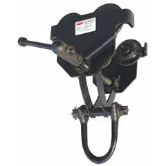 This push trolley suspends and manually moves a hoist along a flat beam flange. It supports hoist loads up to 8,000 lb and fits beam flange widths from 4 in to 8 in. The cast iron frame provides a rigid mounting for industrial lifting and material handling applications.