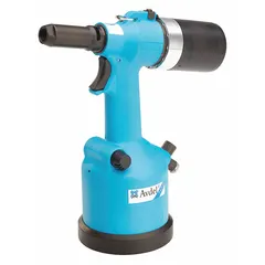 This air-powered rivet nut installation tool delivers 4,300 lbf pulling force with a 5/16 in stroke. It is designed for installing rivet nuts in industrial fastening applications such as metal fabrication, automotive assembly, and general manufacturing.