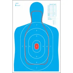 Paper silhouette target measuring 35 inches high by 23 inches wide, printed in blue and red. Designed for use on shooting ranges for qualification or practice with handguns or rifles. Sold in a pack of 50.