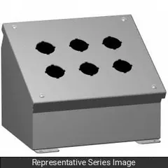 Carbon steel enclosure with nine holes for 22mm push-button operators. Designed for oil-tight and dust-tight environments per NEMA 12/13. Suitable for industrial control stations requiring protection against contaminants.
