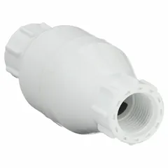 Inline check valve with PVC body and stainless steel poppet. Female NPT ports on both ends. Prevents backflow in piping systems for low-pressure applications.