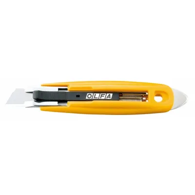 OLFA Safety Knife: 6 in Overall Lg, Plain, 1 1/4 in Overall Wd, Plastic, Yellow - Automatic Retracting Utility Knives