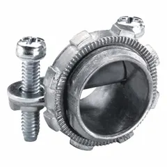 Die cast zinc straight connector in saddle style for nonmetallic cable. Features a 3/8 in box connection and strap clamping method. Silver finish. NRTL Listed. Suitable for securing cable to boxes in electrical installations.