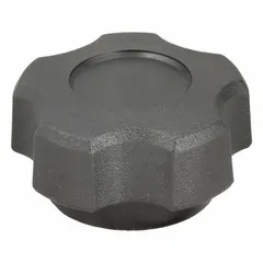 This 5-arm knob features a plastic body with a steel thread insert and a 5/16"-18 threaded hole. The 1.72 in diameter design provides multiple grip points for manual adjustment and clamping on machinery, fixtures, and workholding equipment.