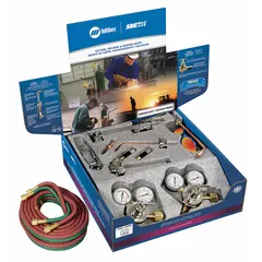 This medium-duty combination outfit is configured for acetylene service and includes a regulator with a CGA 300 fuel connection. It is used for cutting, heating, and welding applications in metal fabrication, maintenance, and repair tasks.