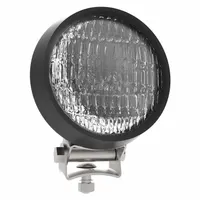 Round floodlight with incandescent bulb for broad-area illumination. Black housing, removable bracket, and blunt cut wires for universal vehicle installation. Suitable for work zones, service trucks, trailers, and off-road equipment