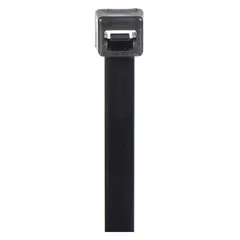 Black nylon cable ties for bundling and securing wires, cables, and hoses. Each tie measures 15 inches in length, 0.19 inches in width, and accommodates a maximum bundle diameter of 4 inches. Rated for outdoor use. Supplied in a pack of 100.