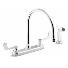 This centerset kitchen faucet is constructed of brass with a chrome finish. It features a widespread deck-mount design requiring four mounting holes. Suitable for residential and light commercial kitchen installations where a larger sink or countertop configuration is used.
