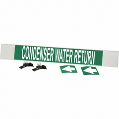 Green fiberglass pipe marker with white legend 'Condenser Water Return' and directional arrows. Designed for pipes 8 in and larger outer diameter. Carrier-mounted with strapping for secure attachment. Suitable for identifying condenser water return lines in HVAC and industrial piping systems.