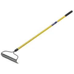 This bow rake features a 57-inch fiberglass straight handle and steel tines. It is used for heavy-duty landscaping tasks such as gathering leaves, thatch, and debris.