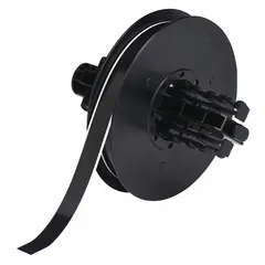 Polyester thermal transfer label roll with black gloss finish, measuring 1/2 in x 100 ft. Rated for outdoor use. Compatible with BBP35 printer series. Used for labeling equipment, pipes, and safety signage in industrial environments.