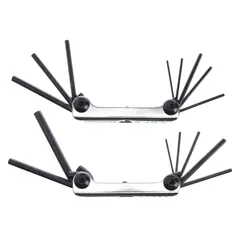 This folding hex key set includes 5 pieces with both metric and SAE sizes, featuring standard and short ends. The keys have a black oxide finish and are stored in a pouch. Suitable for tightening or loosening hex socket screws and bolts in machinery, equipment assembly, and maintenance tasks.