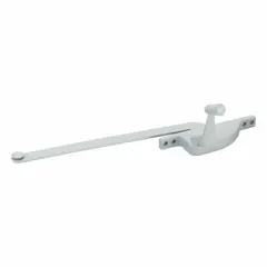 This right-hand crank window operator is designed for casement windows, mounting to the frame. It includes a handle and features a painted aluminum finish with a 4 3/4 in base length. Suitable for residential or light-commercial window repair or replacement.