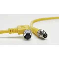 Single-ended cordset with yellow PVC jacket for flexing applications. Features an M8 male right-angle connector on one end and bare wire on the other. 4 pins, 24 AWG wire size, 5 m cable length. Rated IP67 and NEMA 6P for use in industrial environments requiring protection against dust and water.