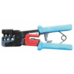 This modular data plug crimper is used to terminate RJ-11, RJ-12, RJ-22, and RJ-45 connectors onto communication cables. It has a 9-inch overall length and a deluxe cushion grip for comfort during repetitive crimping tasks. The non-insulated design is suited for low-voltage data and telephone installations.
