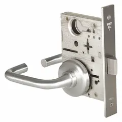 This privacy lever lockset features a satin chromium-plated stainless steel finish and is ADA compliant. It uses an interchangeable core and is classified under ANSI F19 function with a 40H style. Suitable for interior doors requiring push-button locking from the inside, such as bathrooms or bedrooms in commercial facilities.