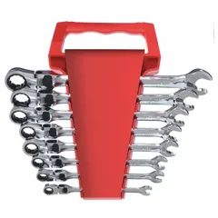 This 8-piece wrench set includes SAE sizes from 5/16 in to 3/4 in. Each wrench features a 12-point ratcheting box end and a chrome finish. Suitable for tightening and loosening fasteners in maintenance and repair tasks.