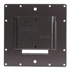 This fixed television mount is constructed from powder-coated black steel and supports screens from 10 to 30 inches with a maximum load of 50 lb. It offers 0° swivel and includes mounting hardware for wall installation. Suitable for permanent, low-profile placement of flat-panel displays in commercial or residential settings.
