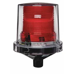 This multimode light is designed for use in hazardous locations where flammable gases or dusts may be present. It operates on 120 to 240V AC and features a red lens. The unit has an overall height of 7 1/2 inches and an overall diameter of 5 1/2 inches, with a threaded mount for permanent installation on equipment or structures.