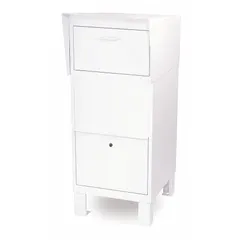 Horizontal lockable mailbox for packages with one front-opening door. Measures 49 in H x 20 in W x 26 in D in white. Not USPS Master Lock compliant. Suitable for parcel delivery in commercial or multi-tenant settings.