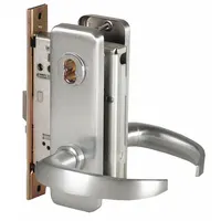 This BEST office lever lockset features a chrome finish and is ADA compliant for accessibility. It includes an interchangeable core and a 40H escutcheon with F04 function for passage locking. Suitable for commercial interior doors such as offices, conference rooms, and corridors