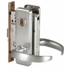 This BEST office lever lockset features a chrome finish and is ADA compliant for accessibility. It includes an interchangeable core and a 40H escutcheon with F04 function for passage locking. Suitable for commercial interior doors such as offices, conference rooms, and corridors.