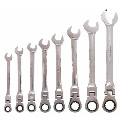 WESTWARD Combination Wrench Set: Alloy Steel, Chrome, 8 Tools - SAE 12-Point Ratcheting Combination Wrench Sets