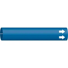 Blank snap-on pipe marker with blue background and white legend text. Fits pipe outer diameter 2-1/2 to 3-7/8 inches. Includes directional arrows. Used for identifying pipe contents in industrial facilities.