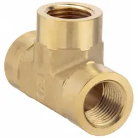 Threaded high-pressure pipe tee for splitting or combining fluid flow in hydraulic and pneumatic systems. Made from CA377 brass with a maximum operating pressure of 1200 psi. Size: 1 in x 1 in x 1 in, length 3 1/4 in