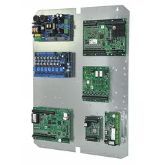 Interior mounting panel made of galvanized steel. Overall height 25.37 inches, overall width 19.38 inches. Designed for mounting equipment within enclosures in electrical and electronic systems.