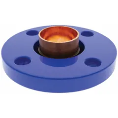 This wrot copper tube flange features a cup x flange design for connecting 1 1/2 in CTS copper tube to 1 1/2 in pipe. It is used in plumbing and HVAC systems for transitioning between tube and threaded pipe connections. The low-lead construction is suitable for solder connections.