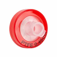 Non-sterile syringe filter with a 0.45 µm PTFE membrane and polypropylene housing. Features a female Luer Lock inlet and male Luer Slip outlet. Maximum capacity 10 mL. Used for sample filtration in analytical and industrial laboratories, including HPLC sample preparation and filtration of solvents and aggressive chemicals.