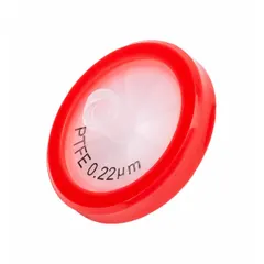 This non-sterile syringe filter features a 0.22 µm PTFE membrane in a polypropylene housing, with a female Luer Lock inlet and male Luer Slip outlet. It is designed for filtration of small-volume samples in laboratory settings, suitable for clarifying or sterilizing aqueous and organic solutions up to 100 mL capacity.