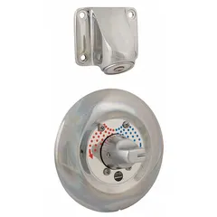 Brass construction with chrome finish. Includes vandal-resistant screws and ligature-resistant design. Fixed showerhead flow rate of 2 gpm. 1/2" NPT connection. Not ADA compliant. Suitable for institutional settings where tamper resistance is required.