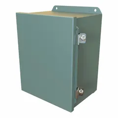 Steel enclosure with solid hinged cover and clamps closure. Rated NEMA 12/13/3R/4 for protection against dust, dirt, oil, water, and corrosion. No knockouts. Suitable for indoor or outdoor industrial applications requiring washdown capability.