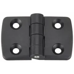 This fixed butt hinge is designed for use with 8 mm slot width structural framing systems. Made of black polyamide, it provides corrosion resistance and electrical insulation. The hinge measures 48 mm x 77 mm and features a 6.6 mm mounting hole. It is commonly used for attaching doors or panels in industrial enclosures, machine guarding, and conveyor systems.