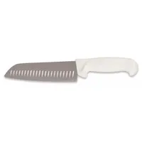 This 7-inch Santoku knife features a steel blade with a Granton edge to reduce friction during slicing. The white polypropylene handle provides a secure grip. NSF certified for commercial food preparation environments, it is suited for chopping, dicing, and mincing vegetables, fish, and boneless meats