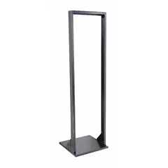This open-frame server rack is constructed from steel with a powder-coated finish. It measures 85 1/4 inches high by 20 inches wide by 20 inches deep and provides 45 rack units of mounting space. The 2-post design is suitable for mounting standard 19-inch equipment such as network switches and patch panels.