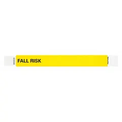 Yellow Tyvek® wristband for patient identification, measuring 10 inches in length and 1 inch in width. Supplied in packs of 500. Commonly used in healthcare settings to indicate fall risk and alert staff for appropriate supervision.