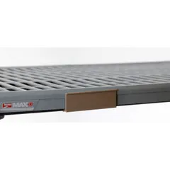 This label holder is designed for use with Metro Super Erecta Pro plastic shelving. It mounts on shelf edges to hold identification labels, aiding organization in storage areas. Color is tan; overall width 27 7/16 in, height 1 1/4 in.
